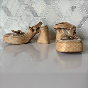 Cult Gaia 39.5 9.5 Block Heel Platform Woven Tan Suede Strap Velcro Erin Sandal